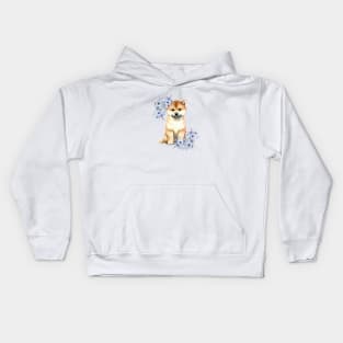 Cute Shiba Inu Dog with Flowers Watercolor Art Kids Hoodie